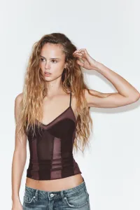 Топ-камизоль из тюля Zara, темно-коричневый