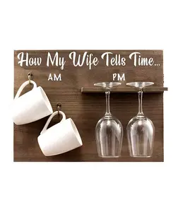 Как моя жена определяет время. Настенная винная стойка со стаканами и кофейными кружками, набор из 5 штук. Bezrat, brown