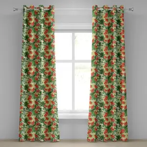 Тропическая штора на люверсах ABAKUHAUS с экзотическим узором с плюмерией, гибискусом, монстерой, пальмовыми цветами и листьями, декоративная двухпанельная штора, 280 см x 225 см, красный, бледно-желтый, зеленый