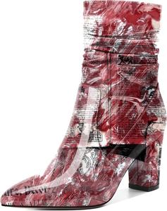 Женские свободные ботильоны Mettesally с высокими массивными каблуками, заостренным носком, боковой молнией, каблук 3,5 дюйма, полусапожки для платья, Patent Newspaper Red