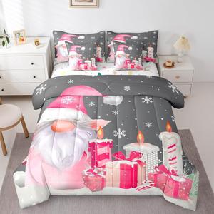 Erosebridal Комплект постельного белья 7Pcs с рождественским принтом гномов и Санта Клауса, материал полиэстер, Grey and Pink