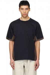 Sacai Хлопковая футболка цвета темно-синего и бежевого, напоминающая пишущую машинку, и хлопковый трикотаж