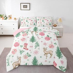 Erosebridal Комплект постельного белья Christmas Comforter Set Pink Xmas Rustic Deer с зимним цветочным принтом, Pink White Green
