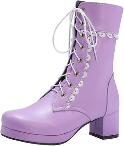 Женские ботильоны VOKLIN в стиле Лолита для косплея, с круглым носком, на шнуровке, с массивным средним каблуком, короткие, Purple Violet-Velvet Lined