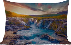 Подушка для улицы - Водопад - Растения - Мох - Пейзаж - Закат - Скала - 50x30 см - Устойчива к атмосферным воздействиям - Подушка для отдыха - Подушка для дивана - Украшение для гостиной MuchoWow