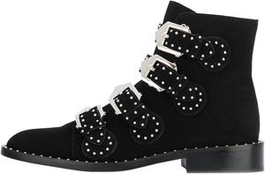 Женские ботильоны Arqa с заклепками, с круглым носком, ремешком с пряжкой, для верховой езды, с низким каблуком, мото-ботинки, Black Suede