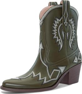 Женские вестерн-сапоги Металлическая вышивка Заостренный носок Ковбойские сапоги с толстым каблуком Сапоги на короткой шпильке Сапоги для широкой икры Стиль кантри HOCHFART, B Dark Green