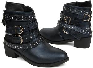 Женские винтажные вестерн-козаки с заклепками, металлической пряжкой, кожаные с грубой подошвой и низким каблуком, ботильоны на осень, нарядная обувь Generic, Dark Blue