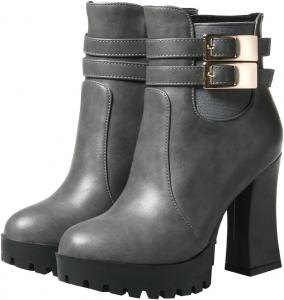 Женские ботильоны Uniquelly на высоком каблуке с круглым носком, пряжкой, квадратным каблуком, боковой молнией, короткие ботинки, винтажная зимняя обувь, Grey