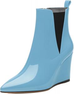 Женские ботильоны, с острым носком на высокой танкетке, короткие сапожки с боковой молнией и эластичной вставкой, высота каблука 3,3 дюйма MISEZOXI, Light Blue Patent