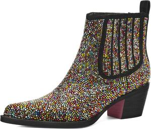 Женские ковбойские сапоги Tsrenlmln - ковбойские сапоги с кристаллами, заостренный носок, западный стиль, массивный каблук, с широкие голенища, Black