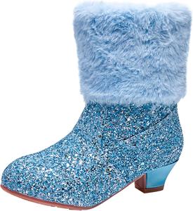 Детские блестящие ботильоны на щиколотку с меховой подкладкой, боковой молнией, пайетками, низким каблуком, теплые осенне-зимние модные туфли Generic, Blue