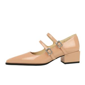 QITUMAUL Туфли Мэри Джейн на массивном каблуке женские - цвет нюд [с каблуком 4 см], цвет Nude color [with 4cm heel]