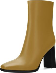 Женские ботильоны, короткие сапоги на высоком квадратном каблуке для женщин, модные сапоги средней высоты с боковой молнией и массивным каблуком 3,5 дюйма MISEZOXI, Olive Matte