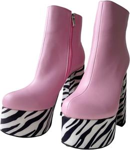 Модные ботильоны Frankie Hsu на Хэллоуин с высоким каблуком, платформой, крупным каблуком, милые, большие размеры, розовая замша с зебровым принтом для женщин и мужчин, размеры США 5-14