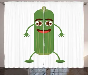 Шторы ABAKUHAUS в деревенском стиле, с изображением веселой огурцовой улыбки, универсальные ленточные шторы для гостиной с петлями и крючками, 280 x 225 см, папоротниково-зеленый, коричневый и белый Abakuhaus