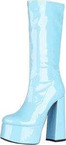 Женские ботинки из лакированной кожи до середины голени с массивным каблуком и платформой, эластичные длинные ботильоны для осени и зимы Generic, Blue