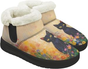 Женские зимние ботинки на снег для улицы и дома, теплые ботильоны на щиколотку, плоская подошва, противоскользящие, зимние походные ботинки, размер 6-13,5 Quxjehoe, Floral Black Cat