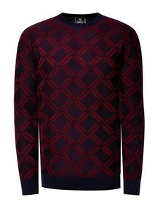 Тонкий вязаный клетчатый свитер с круглым вырезом в темно-синем/бордовом цвете Rusty Neal