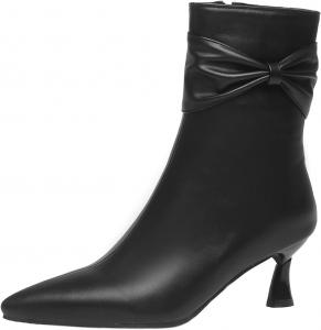 Женская мода: короткие ботильоны с боковой молнией, заостренным носком и средним каблуком 5,5 см, лаконичным бантом LYYSKY, Black(22-23)