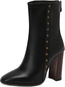 Женские модные ботильоны с заклепками, круглым носком и застежкой-молнией сзади, каблук 10 см, массивный, размеры 4-14 US CHRNDXEE, Black