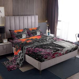 Erosebridal Комплект постельного белья в японском стиле с принтом сакуры и пейзажем, Pink Black Orange