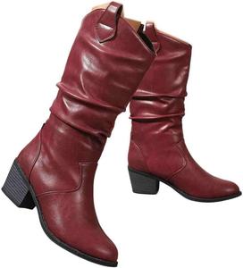 Женские ковбойские сапоги средней высоты западного стиля с низким широким каблуком, укороченные сапожки с круглым носком и мягким голенищем Generic, Wine