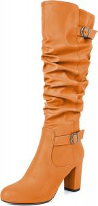 Женские высокие сапоги Zamikoo на толстом каблуке, с расслабленным верхом, до колена, округлый носок, металлическая пряжка, боковая молния, высокий каблук 3,5 дюйма, Matte Orange