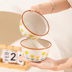 Ceramics Набор керамической посуды с простым подглазурным декором, чаши и тарелки с палочками для еды, полный комплект для дома, узор хризантемы, подарок на новоселье, чаши 12 см, набор из 2 предметов, столовая посуда