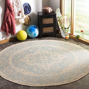 Ковер SAFAVIEH, 201 x 201 см, Linden Collection, круглый, Aqua & Cream, восточный медальон, без линьки и простой в уходе, для дома и улицы, моющийся — идеально для патио, заднего двора, прихожей (LND137K)