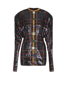 Короткое вышитое платье в клетку Balmain, черный