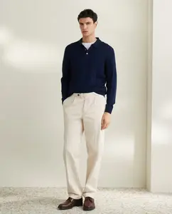 Мужской однотонный свитер поло с вырезом воротника 100% меринос Emidio Tucci, тёмно-синий