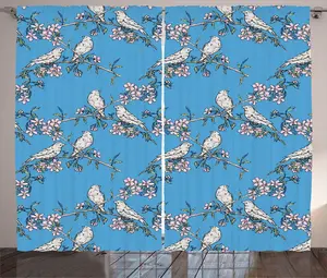 Штора ABAKUHAUS Птицы в деревенском стиле, Цветущая вишня и зяблик, универсальная ленточная штора для гостиной с петлями и крючками, 280 x 225 см, нежно-розовый, лазурно-голубой Abakuhaus