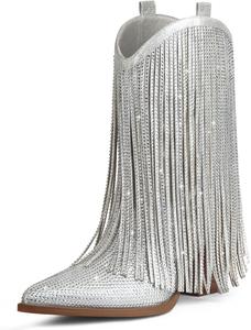 Женские ковбойские сапоги - ковбойские западные сапоги с блестками, бахромой, массивным каблуком, заостренным носком и средней голенью HICLOTSA, Silver