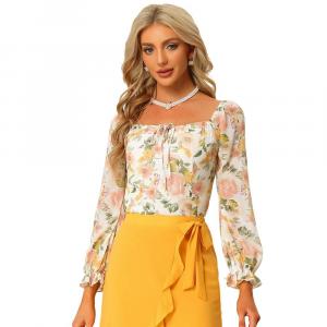 Женский топ с цветочным принтом, элегантная блузка с квадратным вырезом и длинными рукавами ALLEGRA K, бежевый