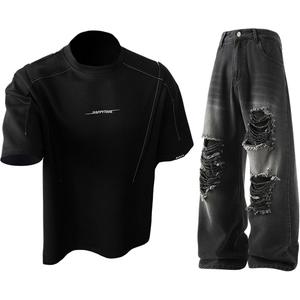 Повседневный спортивный свитер с круглой горловиной Unisex Moderate X1617, черный short-sleeved shirt+черный ripped jeans