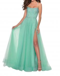 Пышное вечернее платье с расшитым бисером лифом в цвете мяты La Femme