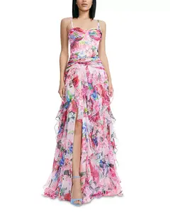 Роскошное платье с цветочным узором и каскадными оборками Dress The Population, розовый