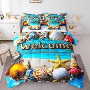 Erosebridal Комплект постельного белья Summer Hawaiian Beach с синим морским принтом и изображением морских звезд и ракушек, Yellow Blue