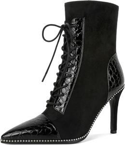 Женские ботильоны SAMMITOP на шнуровке с высоким каблуком-стилетто, заостренным носком, модные ботильоны с серебристой вышивкой и боковой молнией, короткие ботинки на каблуке 10 см