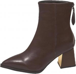 Женские элегантные ботильоны до середины икры осенней моды с задней молнией, заостренным носком и массивным металлическим каблуком для офиса Generic, A1-Brown