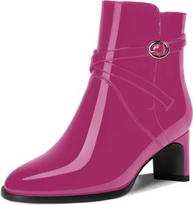 Женские лакированные уличные ботильоны с круглым носком, пряжкой, модные с массивным невысоким каблуком 2 дюйма DEMOSHINE, Magenta
