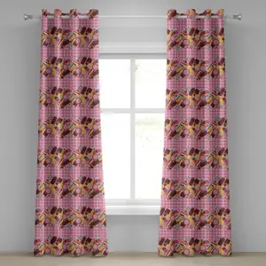 Шторы ABAKUHAUS Candy Eyelet, с рисунком "Конфеты-Печенье-Леденцы-Торт-Мороженое", декоративные двухпанельные шторы, 280 см x 245 см, цвет: коричневый, нежно-розовый Abakuhaus