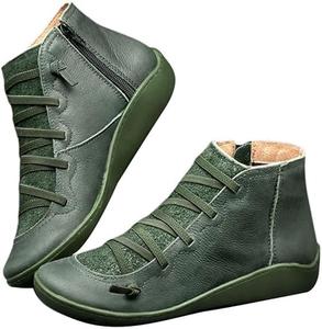 Женские ботильоны с поддержкой свода стопы, низкий каблук, модные, на шнуровке и молнии, слипоны, винтажная кожа, женские кроссовки, осень-зима, на плоской подошве, римские, повседневные для прогулок, короткие ботильоны Yanzhenglip, A-Green