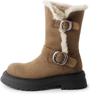 Замшевые удобные сапоги средней высоты с толстой подошвой, с флисовой подкладкой, с круглым носком, теплые сапоги, универсальные для поездок на работу, противоскользящие и прочные, незаменимы осенью и зимой WIVITA, Brown