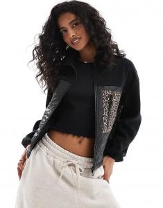 Куртка из флиса Тедди с карманом с леопардовым принтом черного цвета ONLY