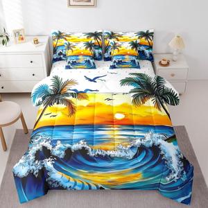 Erosebridal Комплект постельного белья Sea Sunset Full с тропическим принтом пальм и морским пейзажем, Blue Green