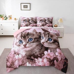 Erosebridal Комплект постельного белья Cute Cat с цветущей сакурой и котятами из мягкого материала для детей и взрослых, Pink Grey Blue