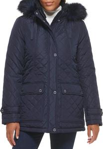 Женская стеганая куртка Tommy Hilfiger с меховым капюшоном и кнопками, Navy
