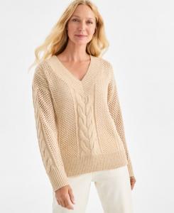 Женский пуловер крупной вязки с V-образным вырезом и пайетками, размеры PXS-XXL Style & Co, Palomino